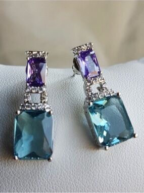 Swarovski Elements Aquamarine & Amethyst Gem Pierced Earrings NEW
